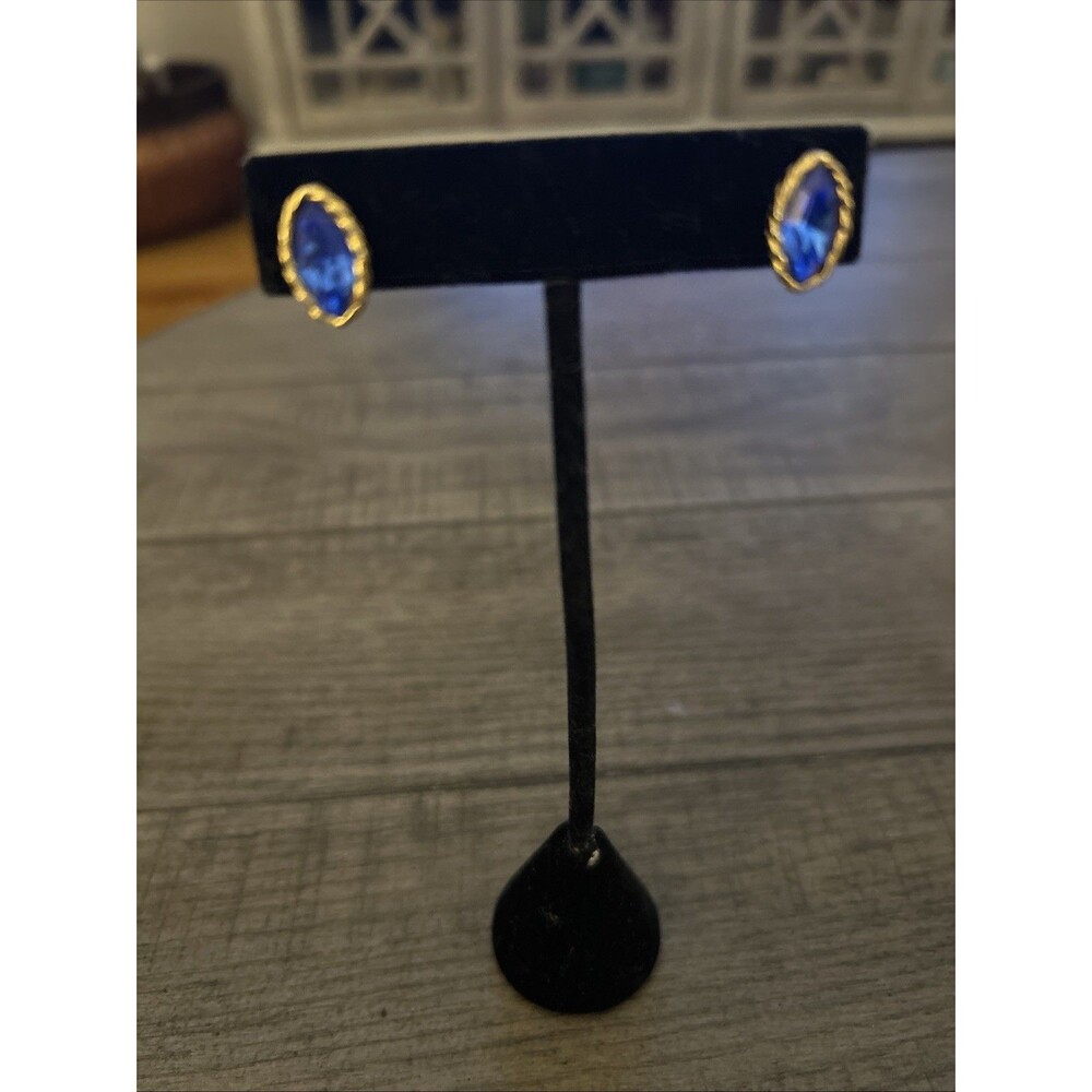 Bright Blue Oval Stud Earrings On A Gold Tone Post Setting